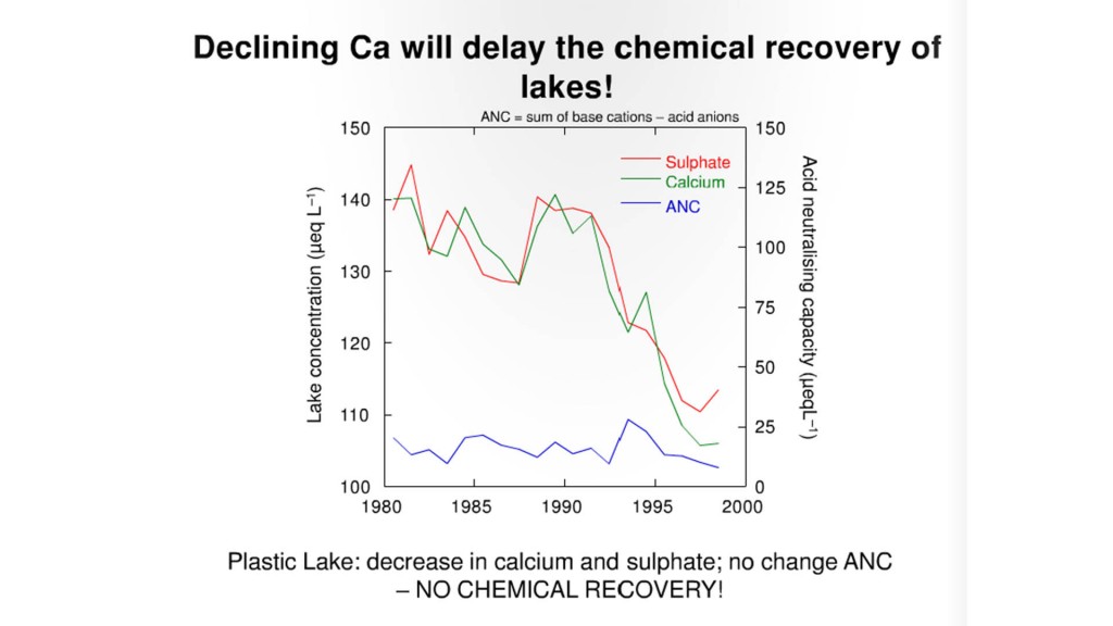 Declining calcium slows the recovery of acidic lakes.